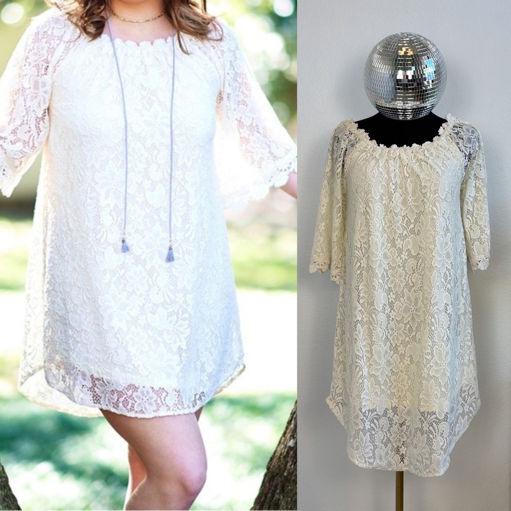 Umgee Cream Floral Lace Shift Dress Off Shoulder Bell Sleeve SMALL boho bridal
